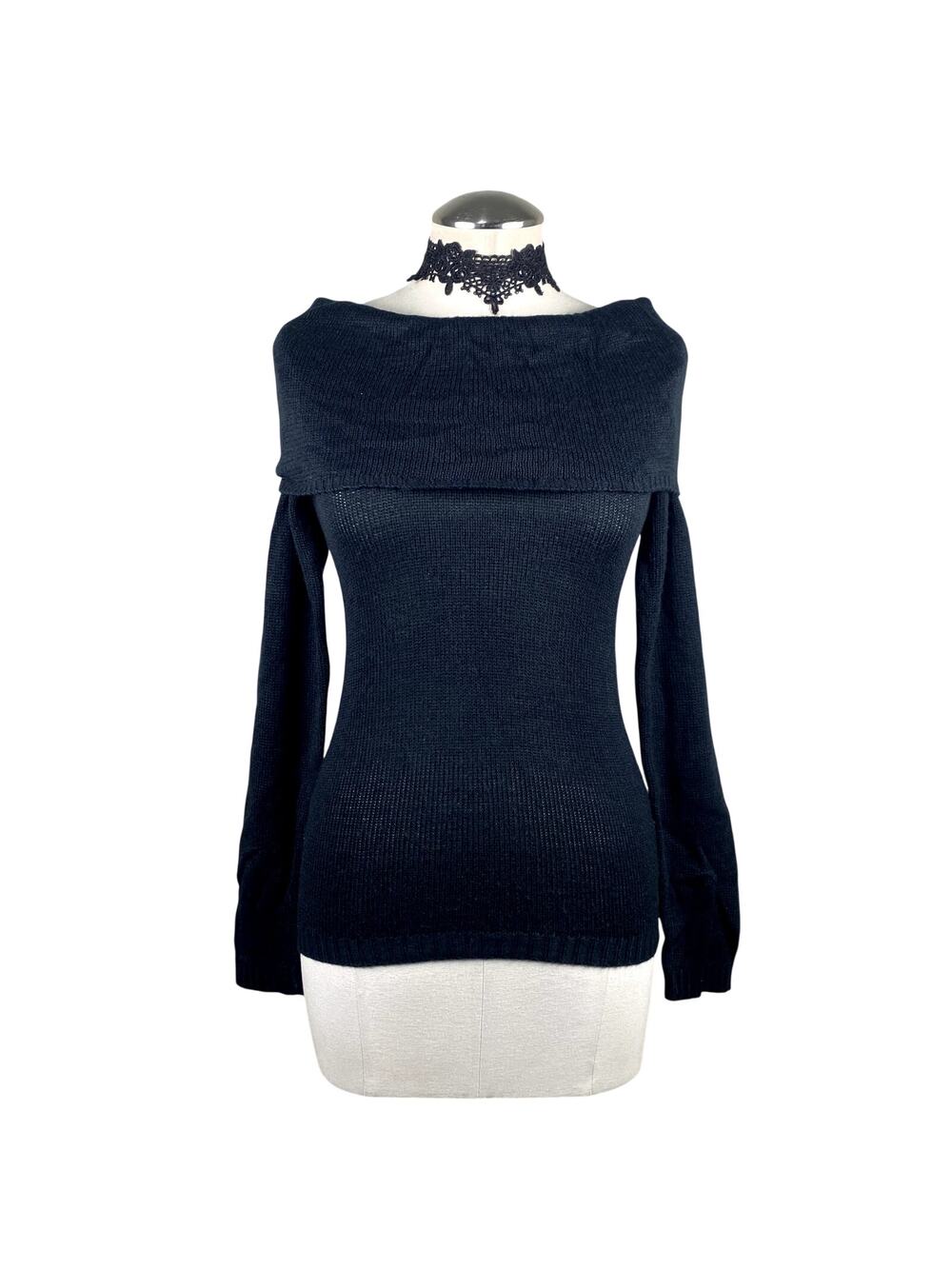 Ashley Y2K Black Knit Foldover Sweater Long Sleeve Grunge Whimsigoth Vamp Goth M